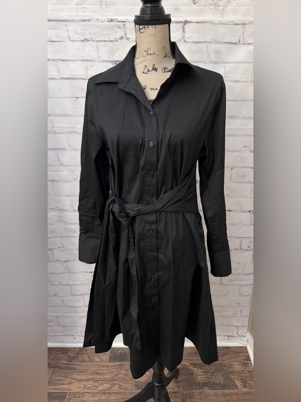 Black Label By Chico’s‎ Med Black Long Sleeve Shirt Dress Collared Tie Career